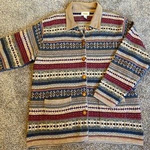 Talbots Women’s size Large 100% Wool Tan Blue Sweater Jacket